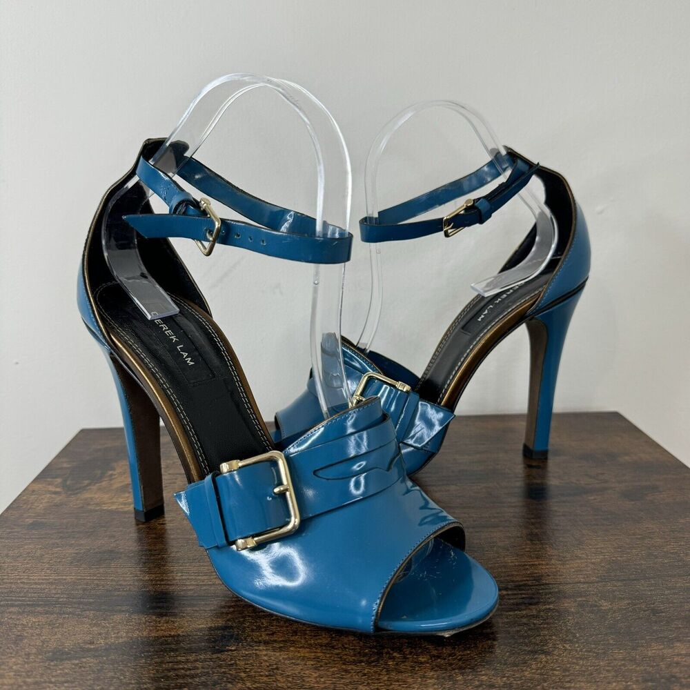 Derek Lam Patent Leather Stiletto Sandals Size 8B Teal Gold Buckle